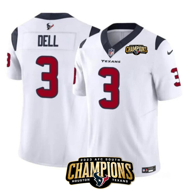Men's Houston Texans #3 Tank Dell White 2023 F.U.S.E. AFC South Champions Patch Vapor Untouchable Limited Football Stitched Jersey